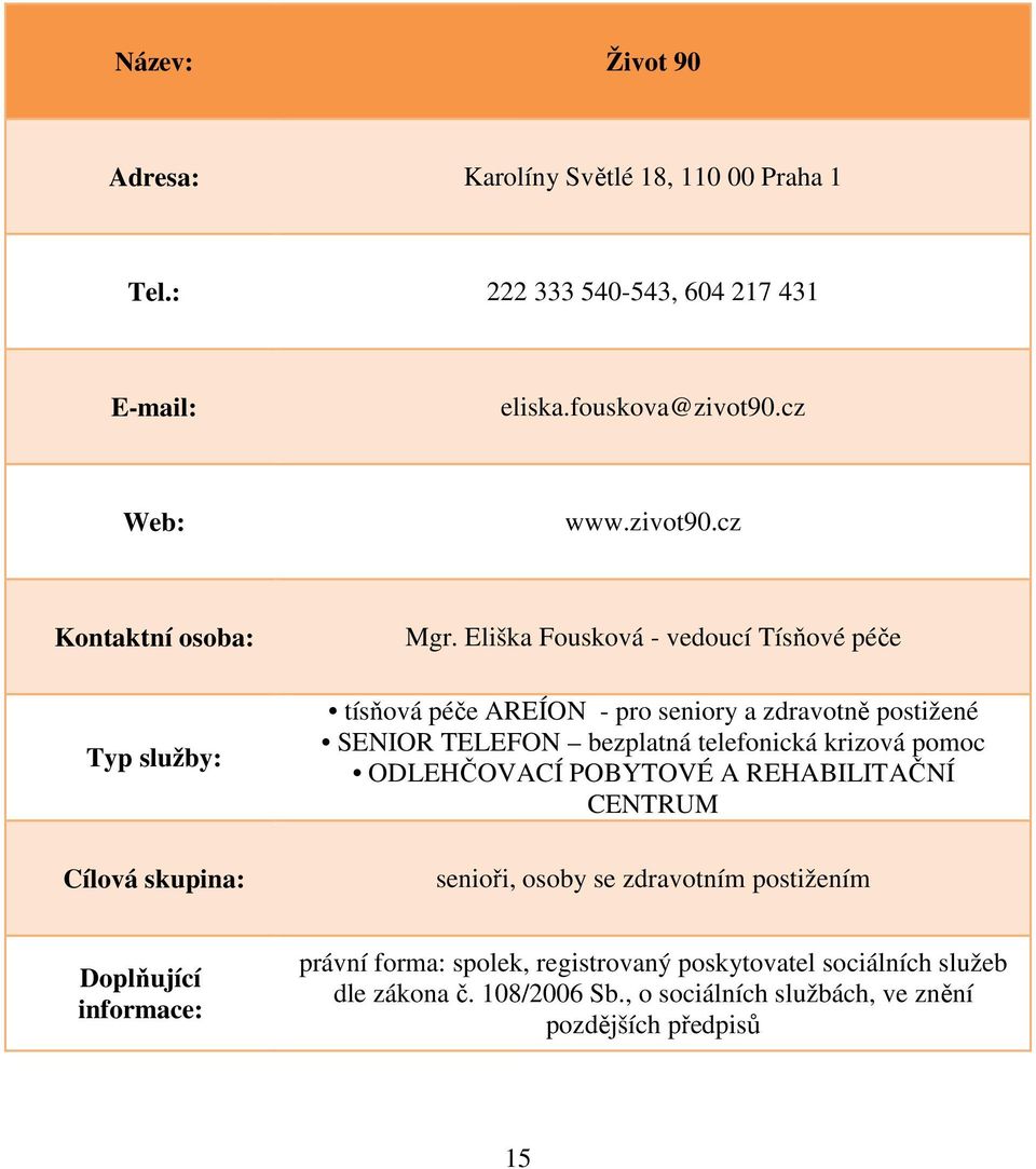 telefonická krizová pomoc ODLEHČOVACÍ POBYTOVÉ A REHABILITAČNÍ CENTRUM senioři, osoby se zdravotním postižením právní forma: