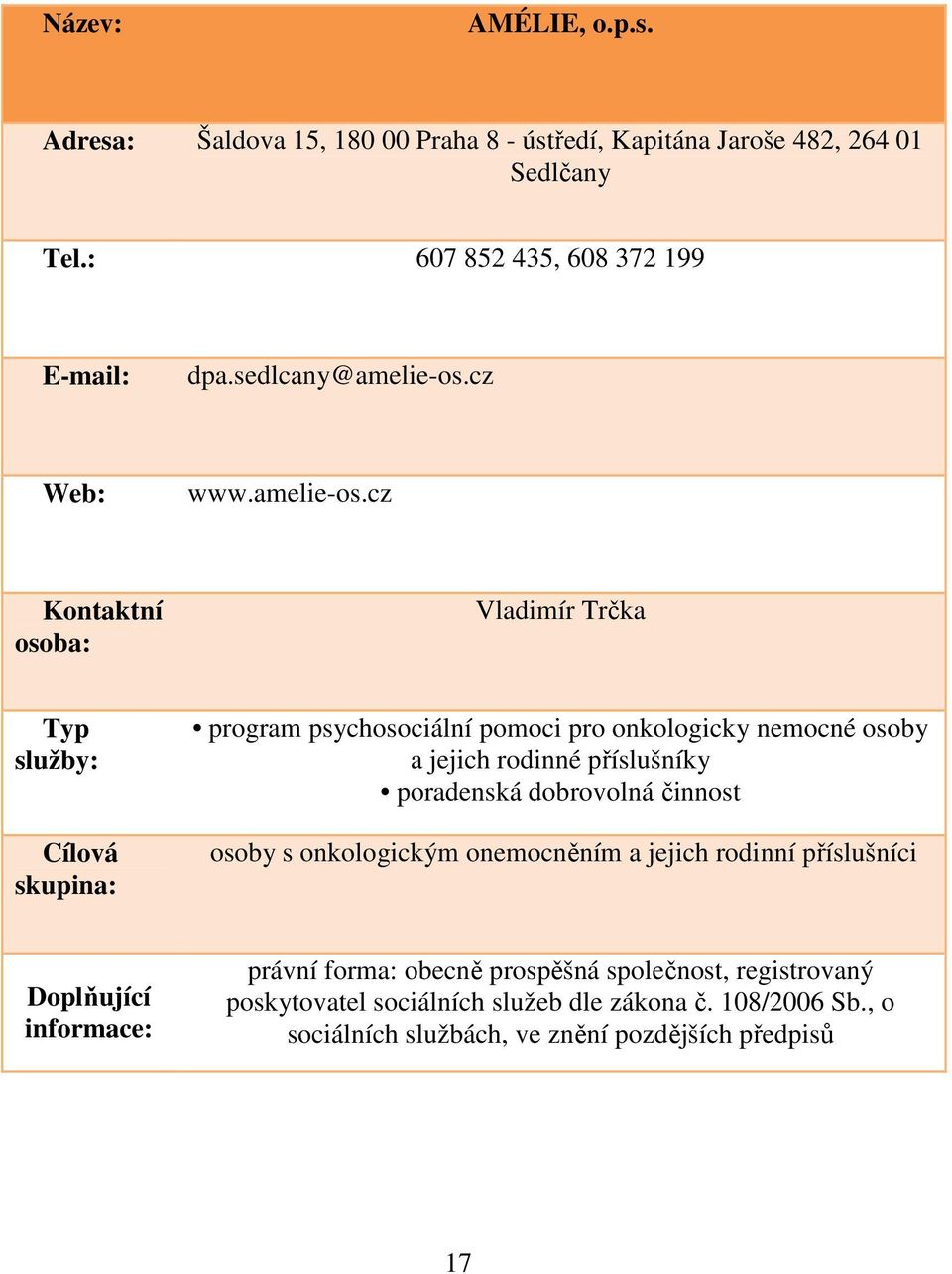 cz Kontaktní osoba: Vladimír Trčka Typ služby: Cílová skupina: program psychosociální pomoci pro onkologicky nemocné osoby a jejich rodinné