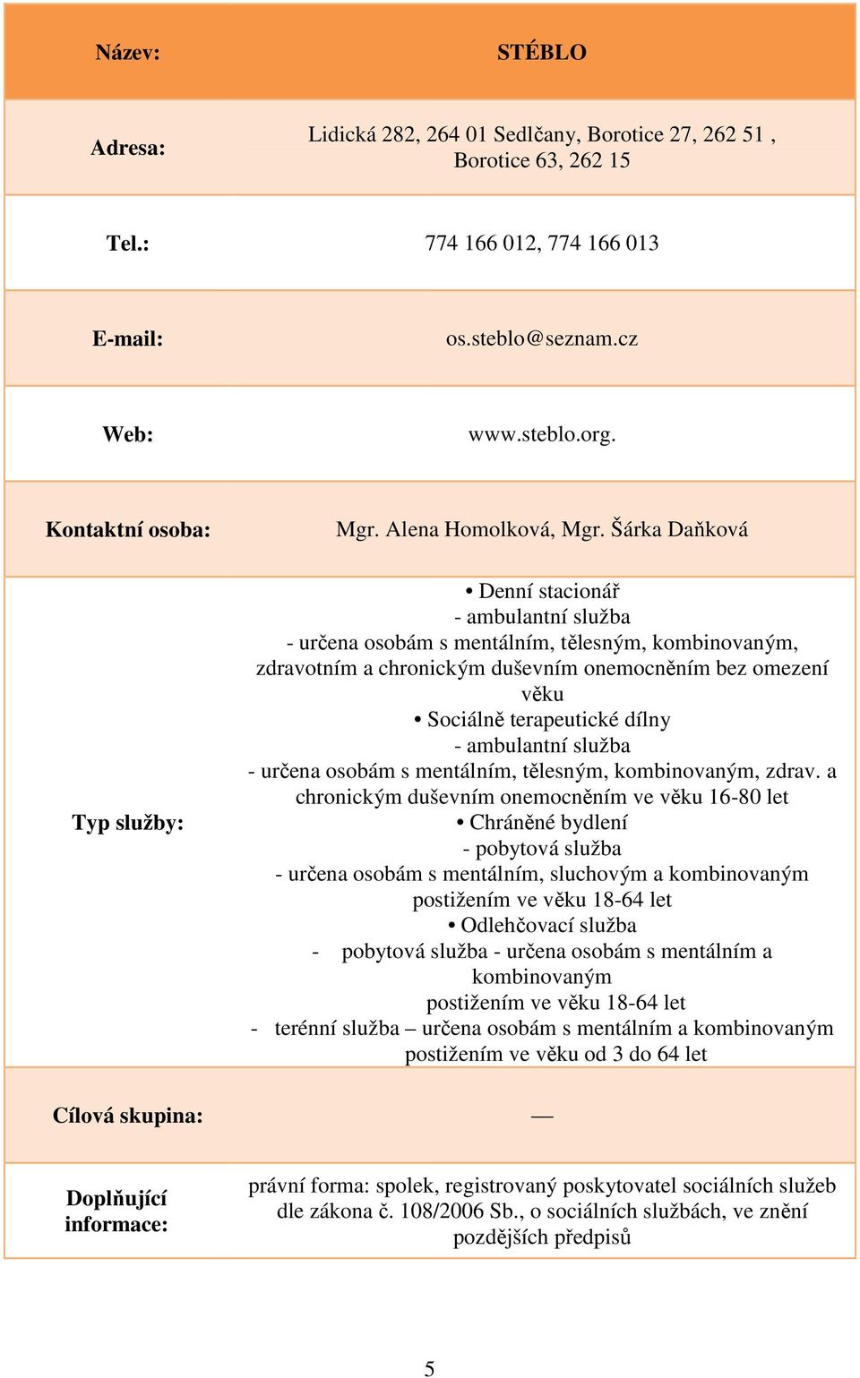 ambulantní služba - určena osobám s mentálním, tělesným, kombinovaným, zdrav.