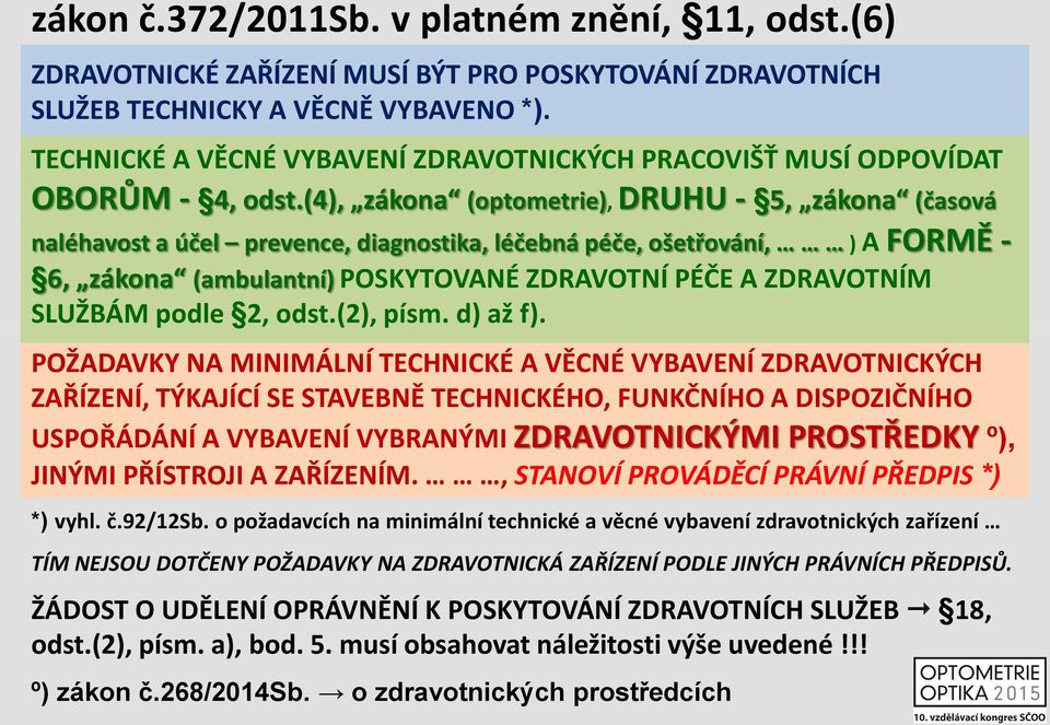 (4), zákona (optometrie), DRUHU - 5, zákona (časová naléhavost a účel prevence, diagnostika, léčebná péče, ošetřování, ) A FORMĚ - 6, zákona (ambulantní) POSKYTOVANÉ ZDRAVOTNÍ PÉČE A ZDRAVOTNÍM