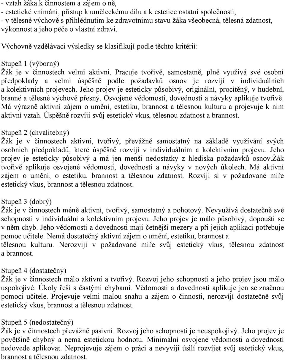 Pracuje tvořivě, samostatně, plně využívá své osobní předpoklady a velmi úspěšně podle požadavků osnov je rozvíjí v individuálních a kolektivních projevech.