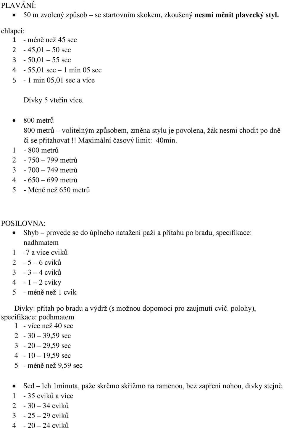 800 metrů 800 metrů volitelným způsobem, změna stylu je povolena, žák nesmí chodit po dně či se přitahovat!! Maximální časový limit: 40min.