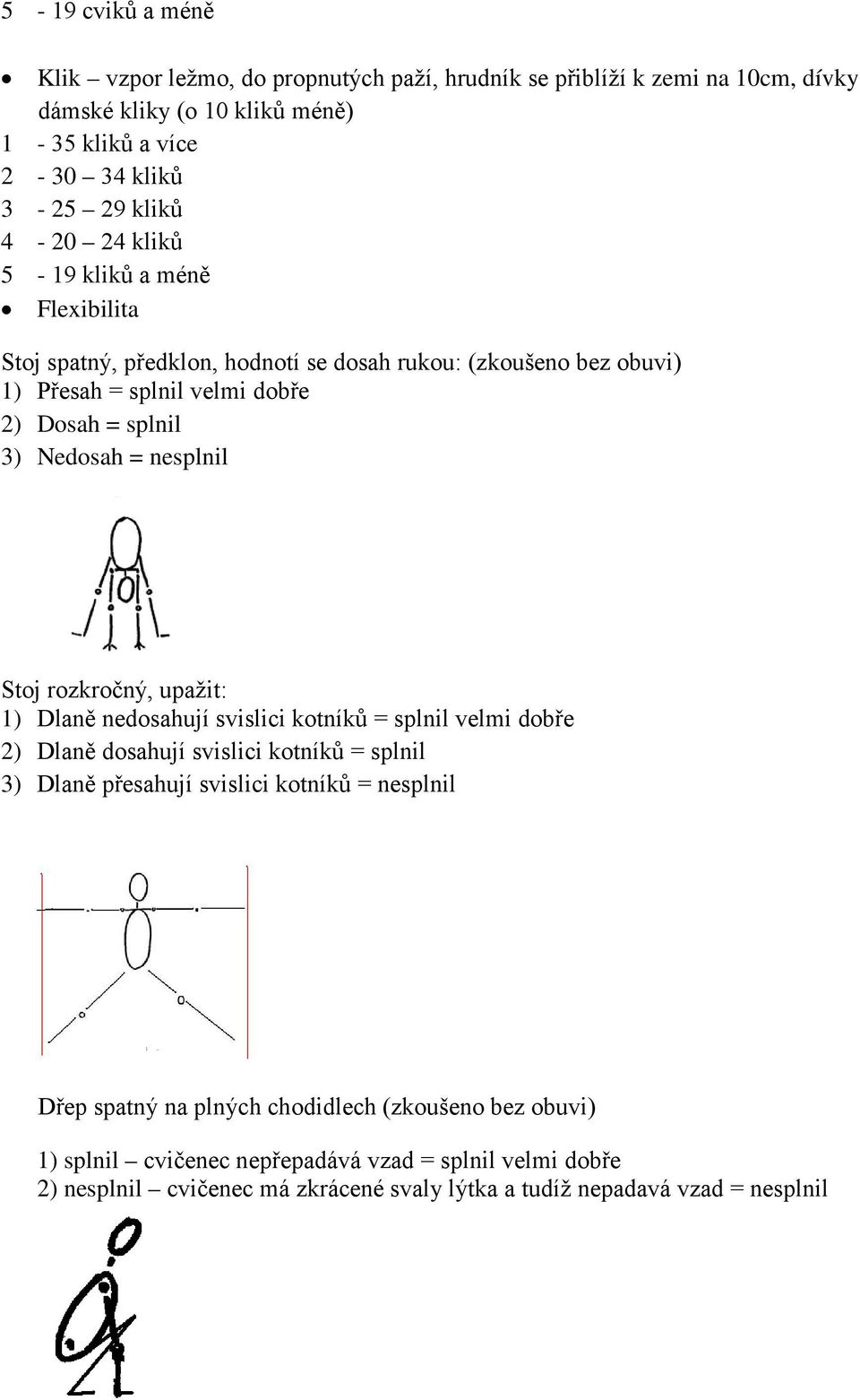 Stoj rozkročný, upažit: 1) Dlaně nedosahují svislici kotníků = splnil velmi dobře 2) Dlaně dosahují svislici kotníků = splnil 3) Dlaně přesahují svislici kotníků = nesplnil Dřep