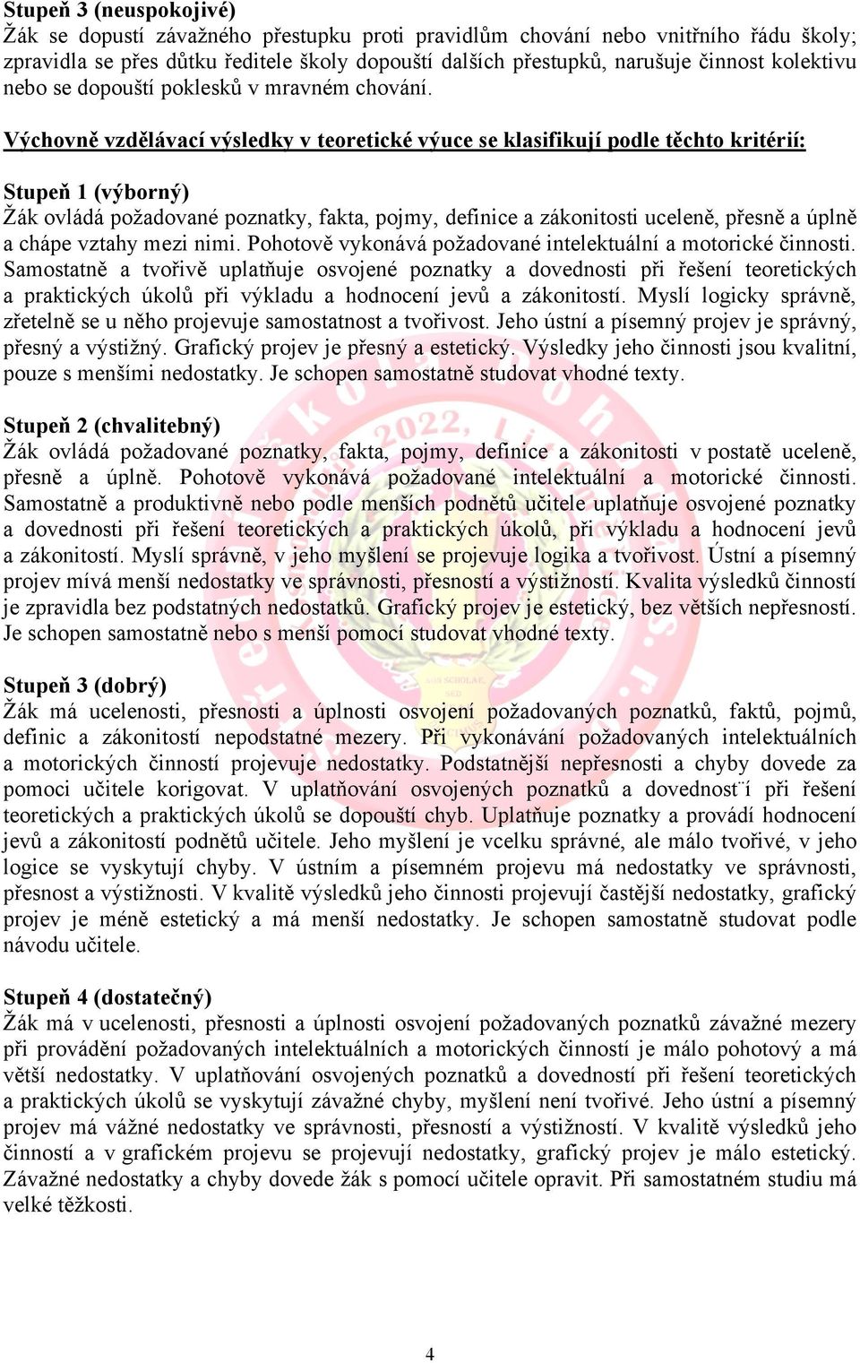 Výchovně vzdělávací výsledky v teoretické výuce se klasifikují podle těchto kritérií: Stupeň 1 (výborný) Žák ovládá požadované poznatky, fakta, pojmy, definice a zákonitosti uceleně, přesně a úplně a