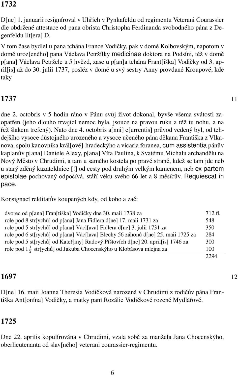 zase u p[an]a tchána Frant[iška] Vodičky od 3. april[is] až do 30. julii 1737, posléz v domě u svý sestry Anny provdané Kroupové, kde taky 1737 11 dne 2.