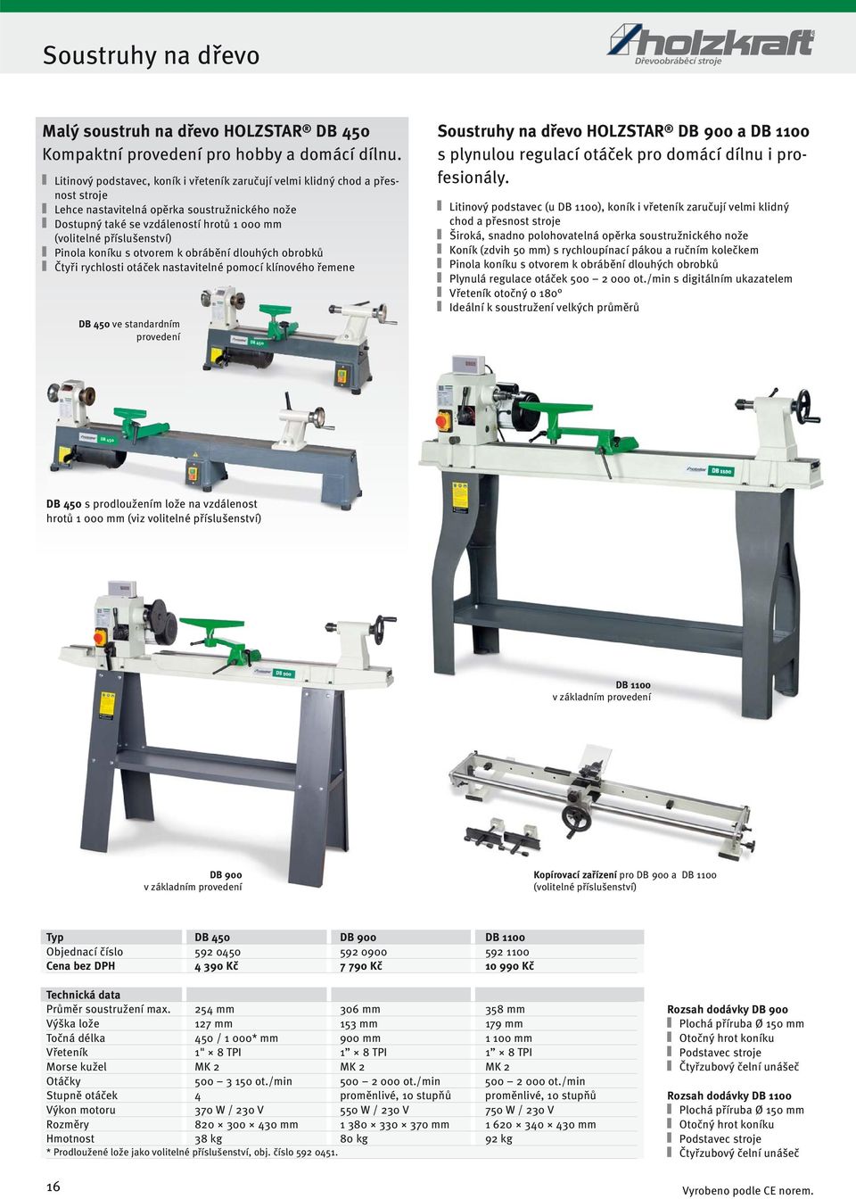 Pinola koníku s otvorem k obrábění dlouhých obrobků Čtyři rychlosti otáček nastavitelné pomocí klínového řemene DB 450 ve standardním provedení Soustruhy na dřevo HOLZSTAR DB 900 a DB 1100 s plynulou