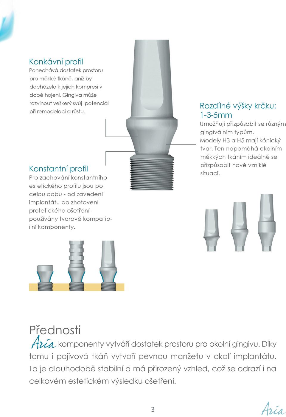 Rozdílné výšky krčku: 1-3-5mm Umožňují přizpůsobit se různým gingiválním typům. Modely 3 a 5 mají kónický tvar. Ten napomáhá okolním měkkých tkáním ideálně se přizpůsobit nově vzniklé situaci.