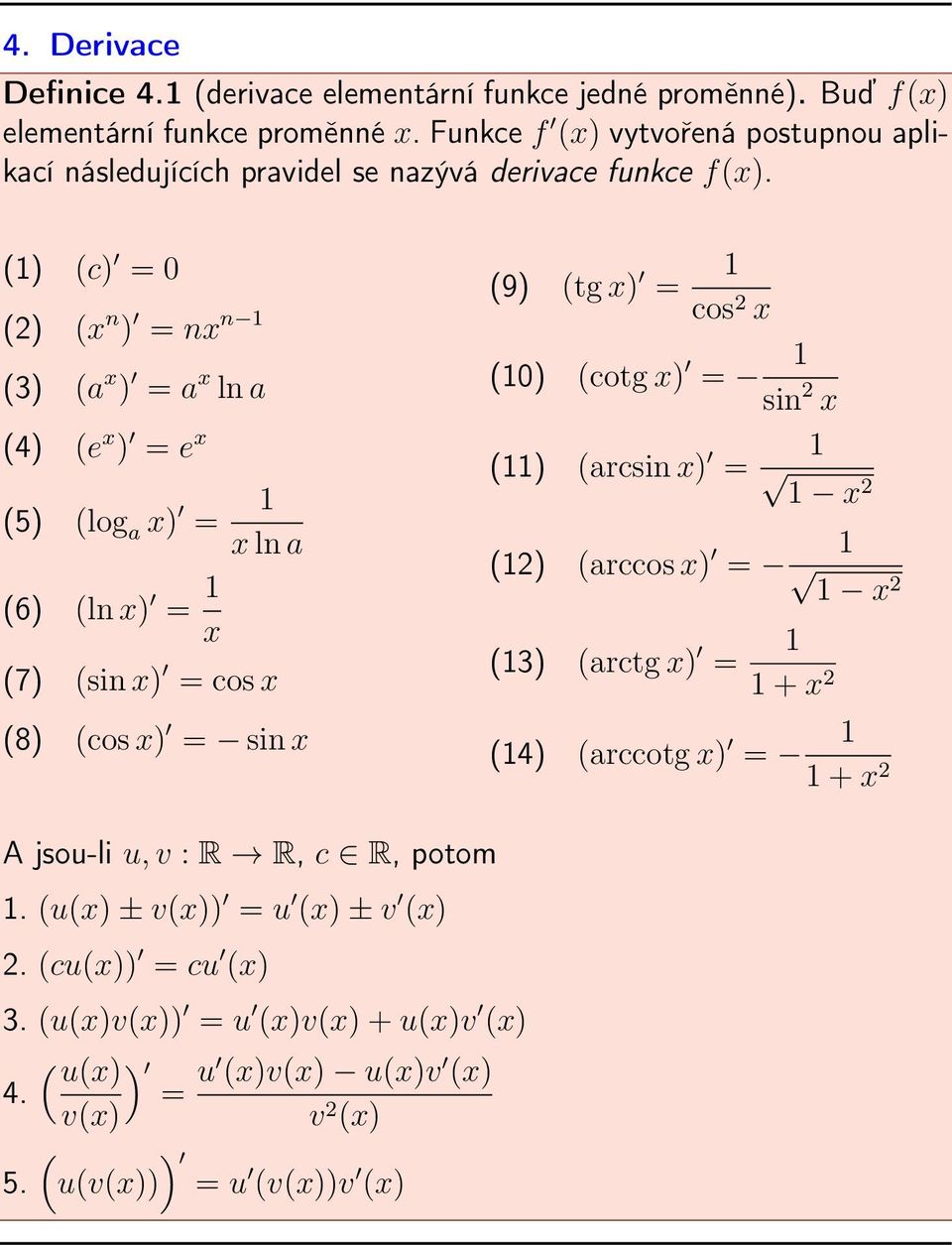 (1) (c) = 0 (2) (x n ) = nx n 1 (3) (a x ) = a x ln a (4) (e x ) = e x (5) (log a x) = 1 x ln a (6) (ln x) = 1 x (7) (sin x) = cos x (8) (cos x) = sin x (9) (tg x) = 1 cos 2 x