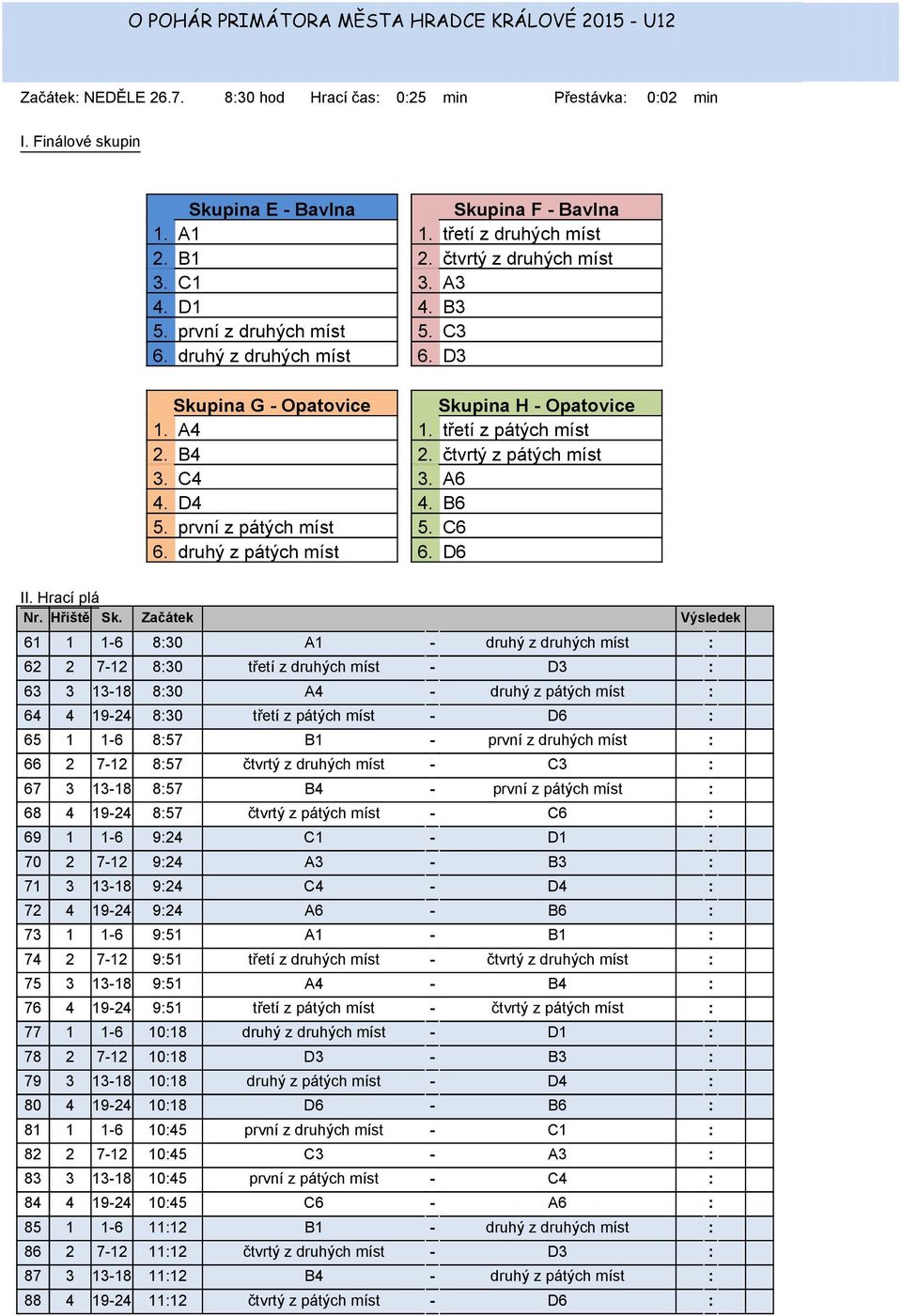 první z pátých 5. C6 6. druhý z pátých 6. D6 II. Hrací plá Nr. Hřiště Sk.