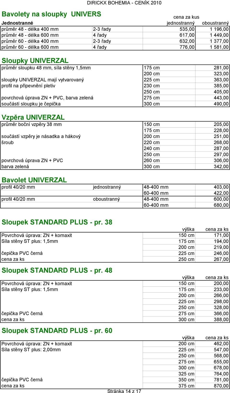 vytvarovaný profil na připevnění pletiv 200 cm 323,00 225 cm 363,00 230 cm 385,00 250 cm 405,00 povrchová úprava ZN + PVC, barva zelená 275 cm 443,00 součástí sloupku je čepička 300 cm 490,00 Vzpěra