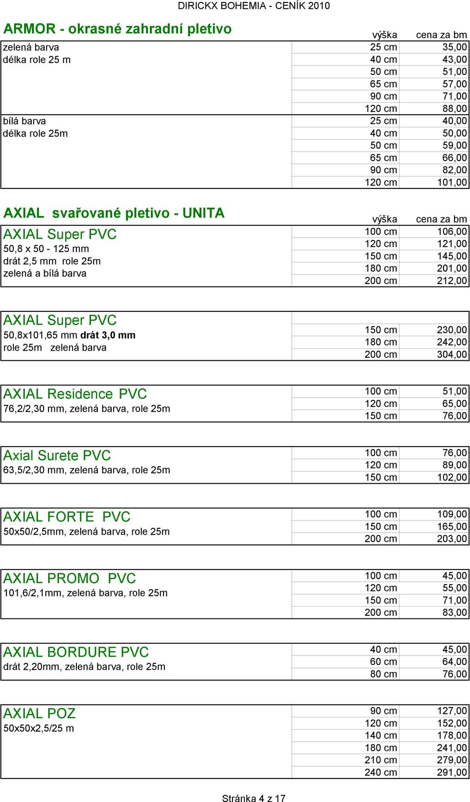 200 cm 212,00 AXIAL Super PVC 50,8x101,65 mm drát 3,0 mm role 25m zelená barva 150 cm 230,00 180 cm 242,00 200 cm 304,00 AXIAL Residence PVC 76,2/2,30 mm, zelená barva, role 25m 100 cm 51,00 120 cm