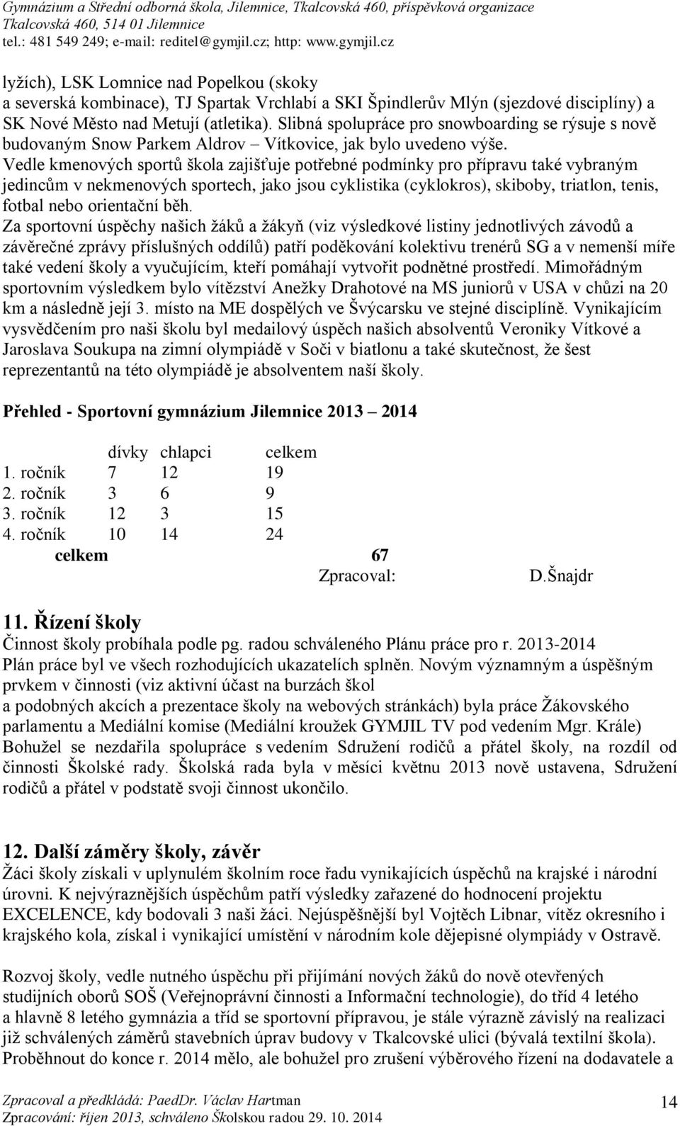 Vedle kmenových sportů škola zajišťuje potřebné podmínky pro přípravu také vybraným jedincům v nekmenových sportech, jako jsou cyklistika (cyklokros), skiboby, triatlon, tenis, fotbal nebo orientační