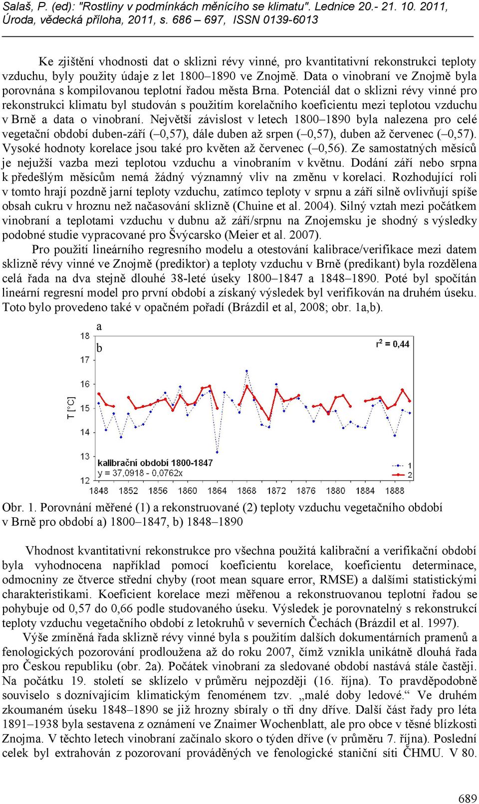 Potenciál dat o sklizni révy vinné pro rekonstrukci klimatu byl studován s použitím korelačního koeficientu mezi teplotou vzduchu v Brně a data o vinobraní.
