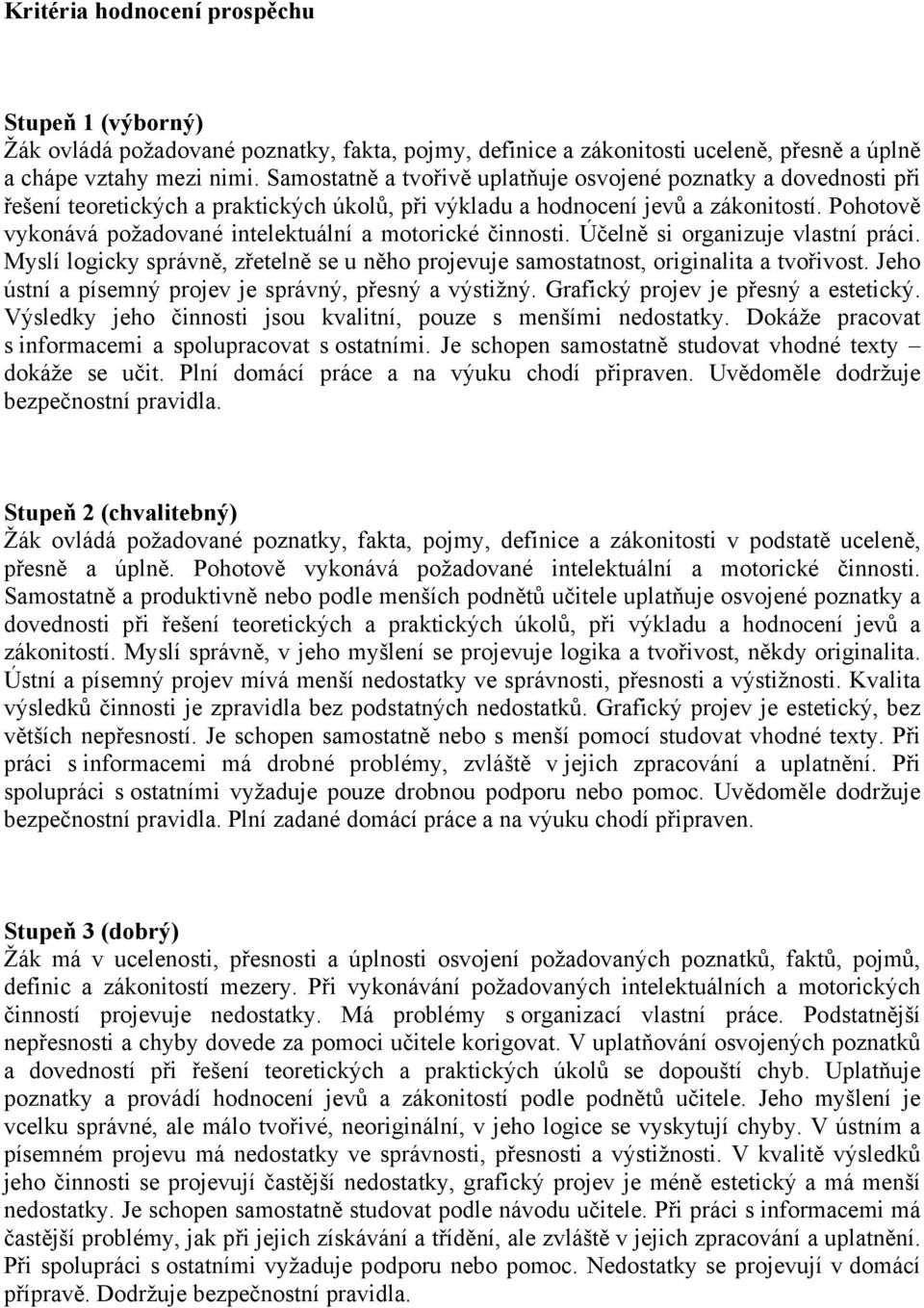 Pohotově vykonává požadované intelektuální a motorické činnosti. Účelně si organizuje vlastní práci. Myslí logicky správně, zřetelně se u něho projevuje samostatnost, originalita a tvořivost.