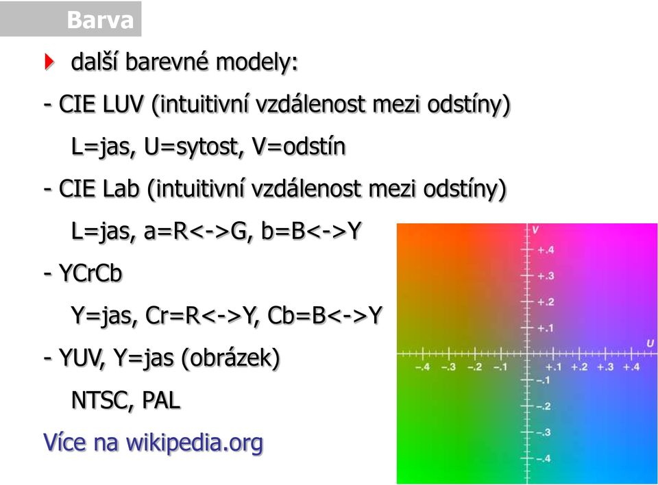 vzdálenost mezi odstíny) L=jas, a=r<->g, b=b<->y - YCrCb Y=jas,