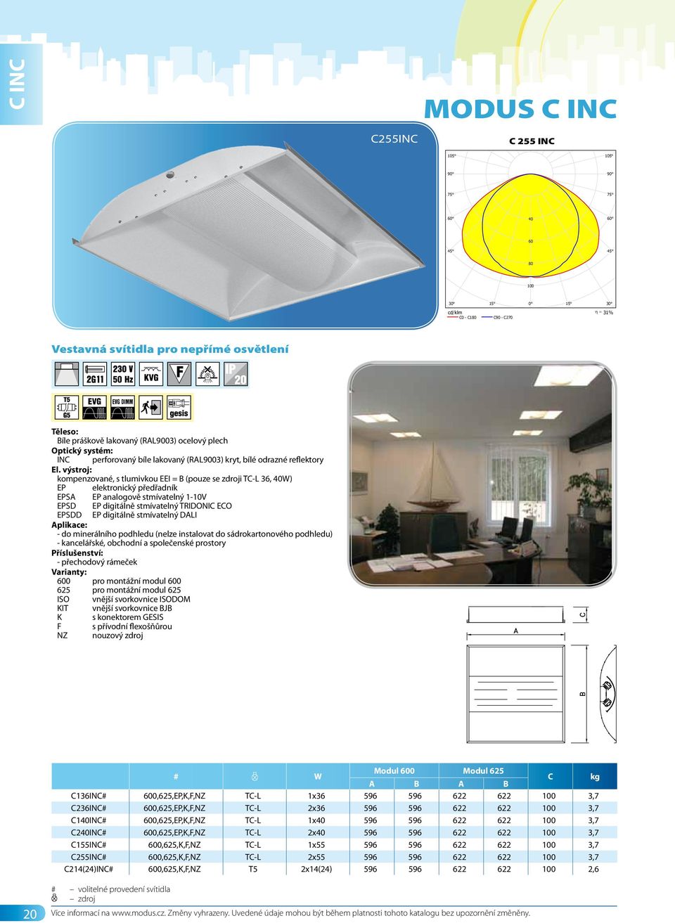 nepřímé os, vestavné PLL Zdroje:: 2 x DL 55/830 2G11 55W C 255 INC 40 60 80 100 31% Vestavná svítidla pro nepřímé osvětlení INC perforovaný bíle lakovaný (RAL9003) kryt, bílé odrazné reflektory