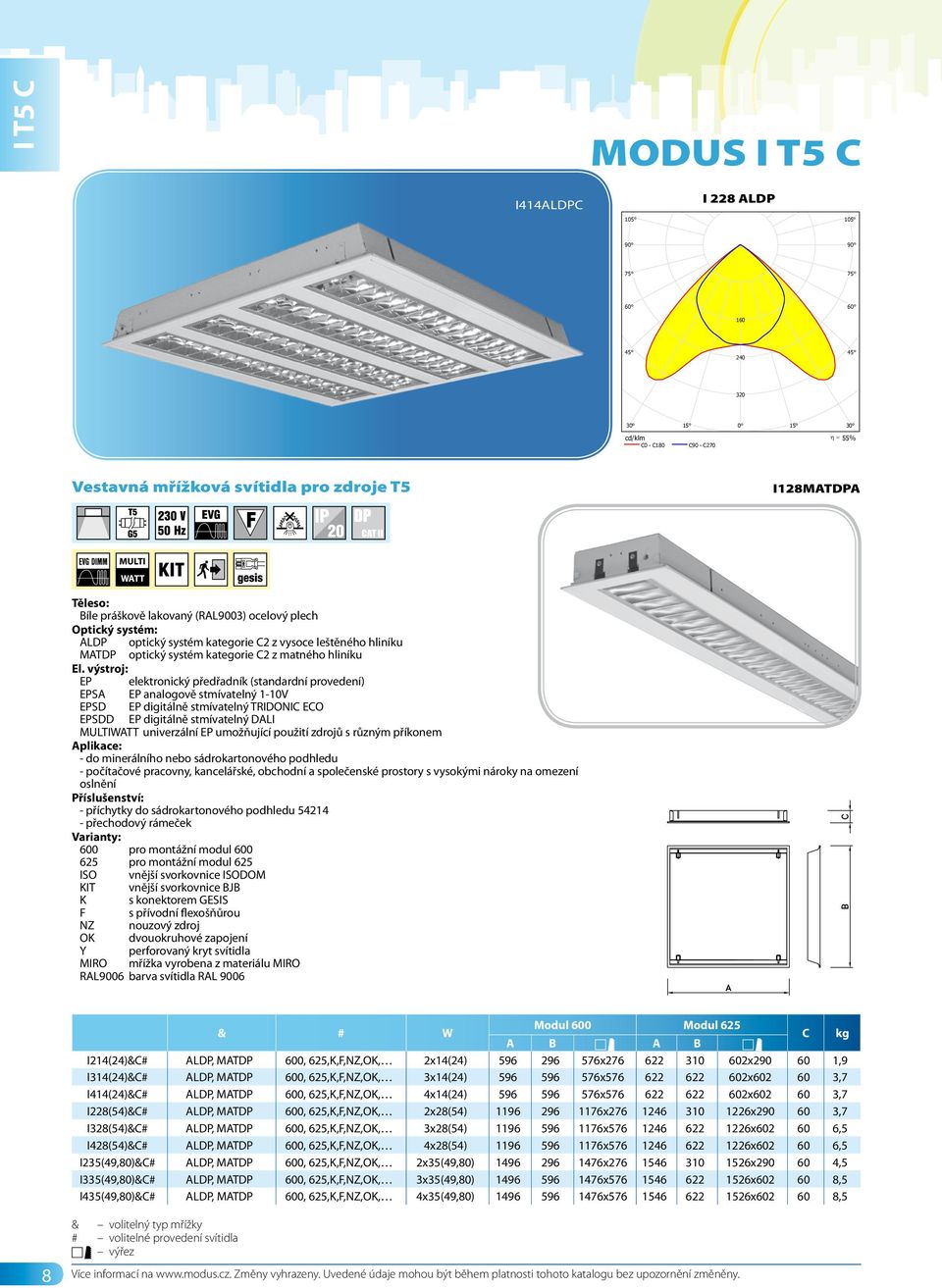 ldt MODUS I 228 ALDP Zářivkové, ALDP mřížka, vestavné, T5 Zdroje:: 2 x FH 28 W/830 G5 28W I 228 ALDP (Polárně) 160 240 320 55% Vestavná mřížková svítidla pro zdroje T5 I128MATDPA MULTI WATT ALDP