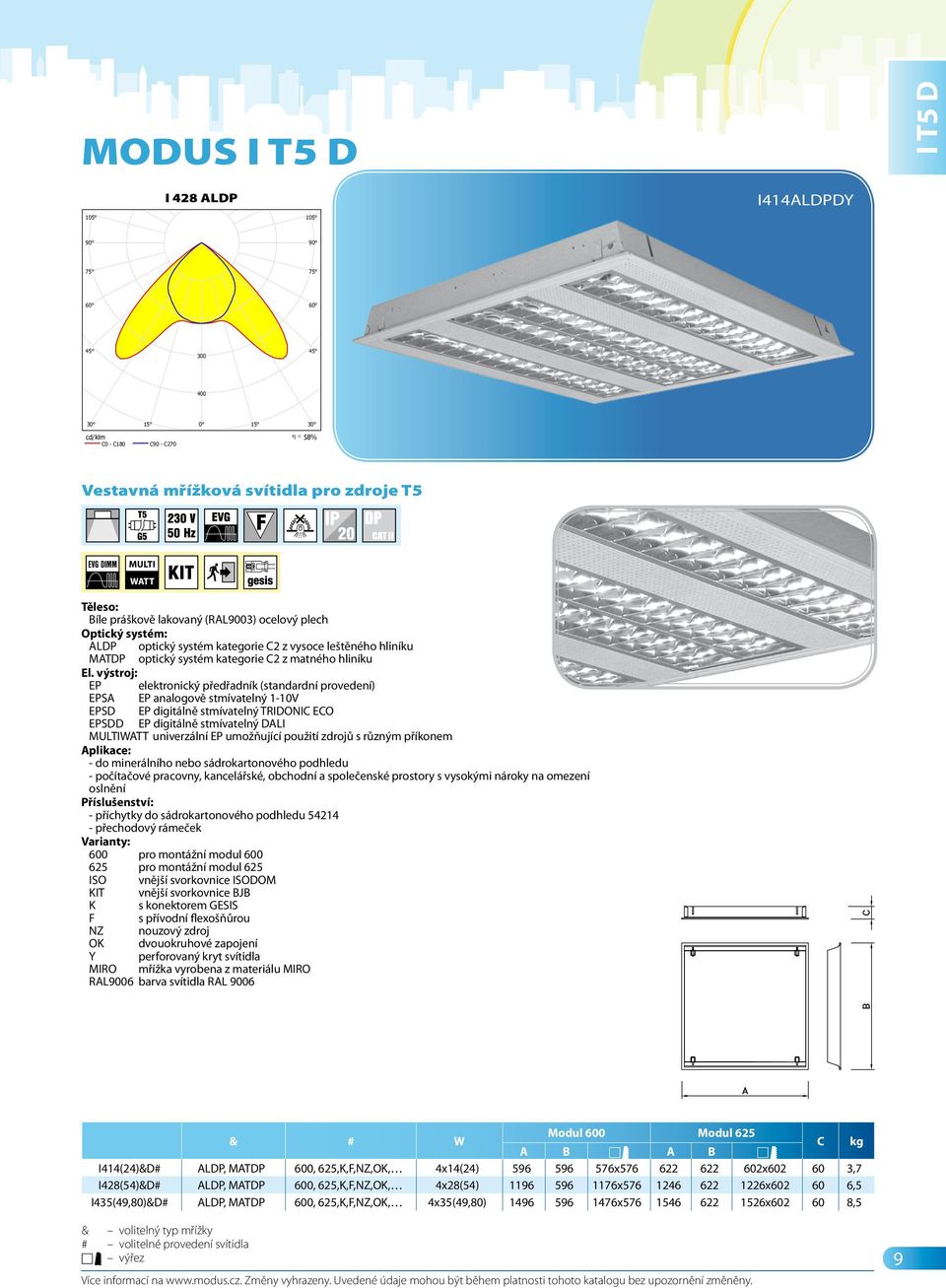 ldt MODUS I 428 ALDP Zářivkové, ALDP mřížka, vestavné, T5 Zdroje:: 4 x FH 28 W/830 G5 28W I 428 ALDP I414ALDPDY I T5 D 300 400 58% Vestavná mřížková svítidla pro zdroje T5 MULTI WATT ALDP optický