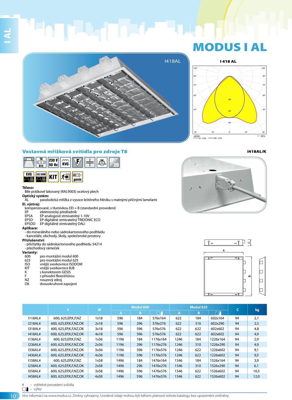 ldt MODUS I 418 AL Zářivkové, AL mřížka, vestavné Zdroje:: 4 x L 18 W/840 G13 18W I 418 AL 160 240 320 65% Vestavná mřížková svítidla pro zdroje T8 I418AL/K AL parabolická mřížka z vysoce leštěného