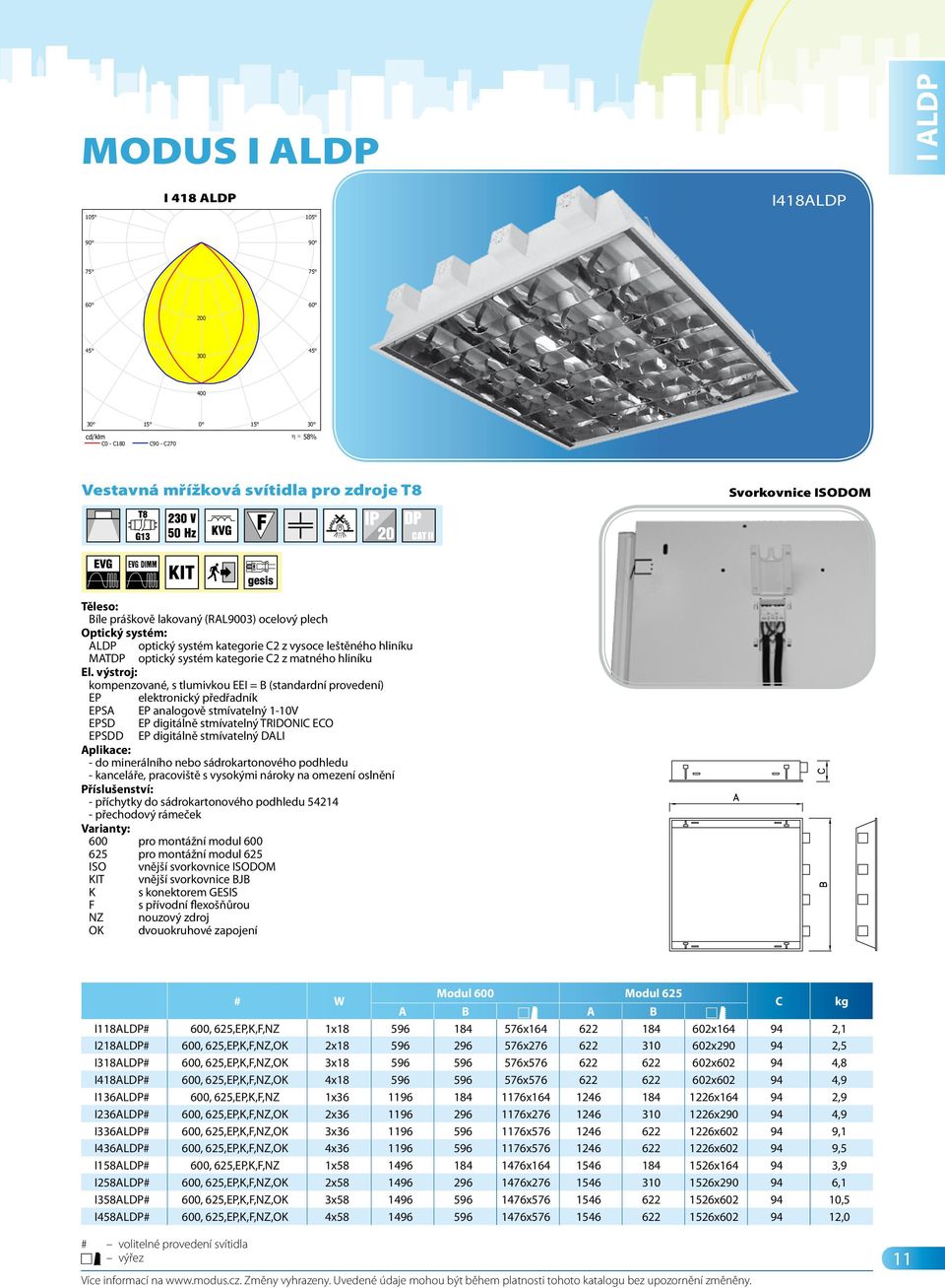 ldt MODUS I 418 ALDP Zářivkové, DP mřížka, optika, vestavné Zdroje:: 4 x L 18 W/840 G13 18W I 418 ALDP I418ALDP I ALDP 200 300 400 58% Vestavná mřížková svítidla pro zdroje T8 Svorkovnice ISODOM ALDP