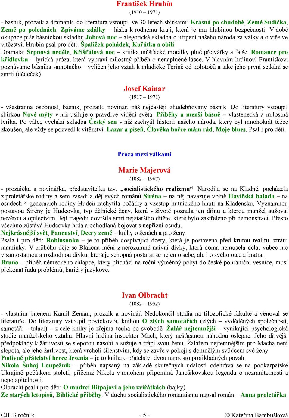 Hrubín psal pro děti: Špalíček pohádek, Kuřátka a obilí. Dramata: Srpnová neděle, Křišťálová noc kritika měšťácké morálky plné přetvářky a falše.