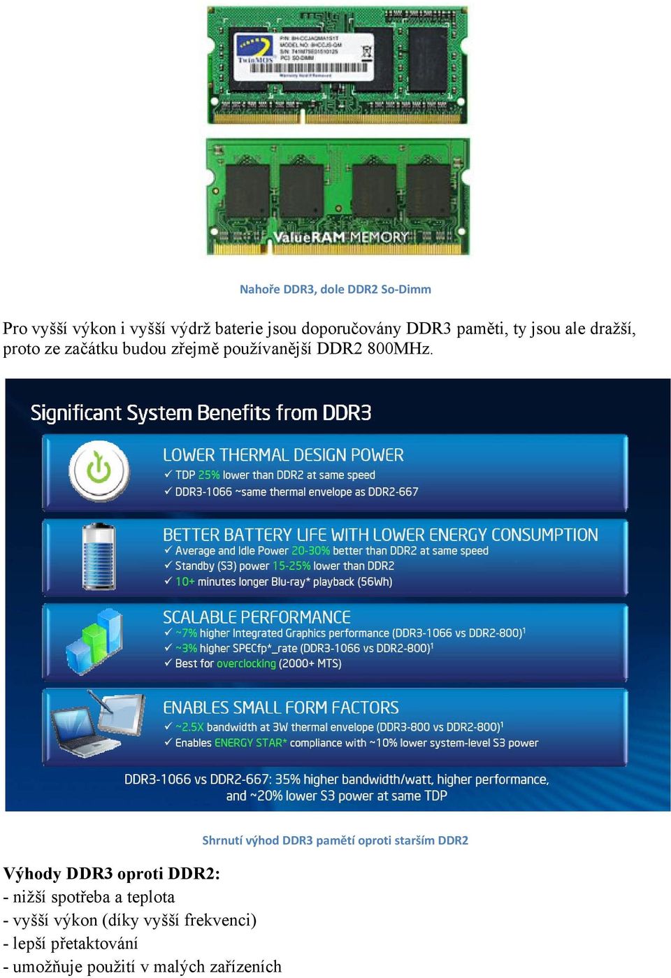 Výhody DDR3 oproti DDR2: - nižší spotřeba a teplota - vyšší výkon (díky vyšší frekvenci) -
