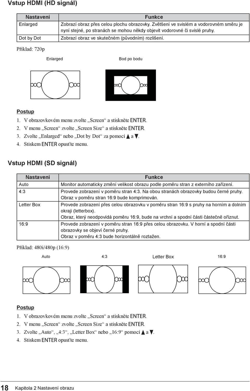 Příklad: 720p Enlarged Bod po bodu 1. V obrazovkovém menu zvolte Screen a stiskněte. 2. V menu Screen zvolte Screen Size a stiskněte. 3. Zvolte Enlarged nebo Dot by Dot za pomocí a. 4.