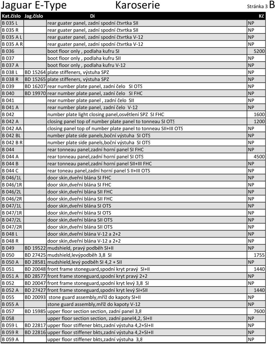 panel, zadní spodní čtvrtka V-12 B 036 boot floor only, podlaha kufru SI 5200 B 037 boot floor only, podlaha kufru SII B 037 A boot floor only, podlaha kufru V-12 B 038 L BD 15264 plate stiffeners,