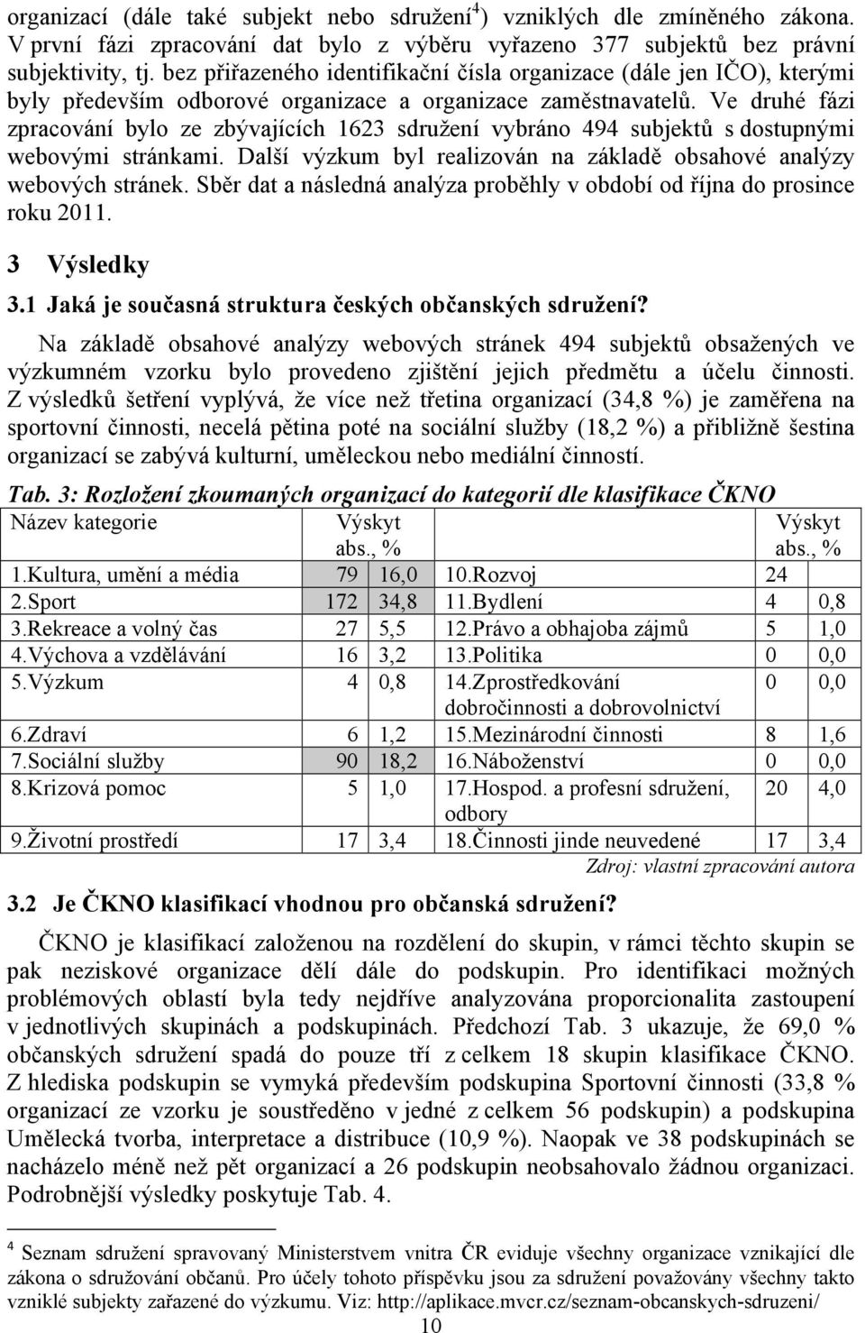 Ve druhé fázi zpracování bylo ze zbývajících 1623 sdružení vybráno 494 subjektů s dostupnými webovými stránkami. Další výzkum byl realizován na základě obsahové analýzy webových stránek.