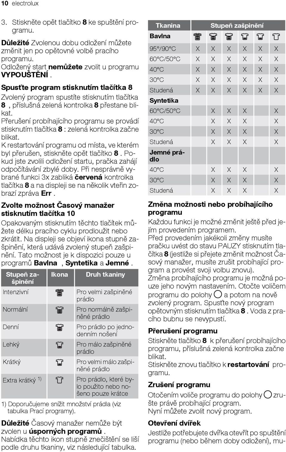 Přerušení probíhajícího programu se provádí stisknutím tlačítka 8 : zelená kontrolka začne blikat. K restartování programu od místa, ve kterém byl přerušen, stiskněte opět tlačítko 8.