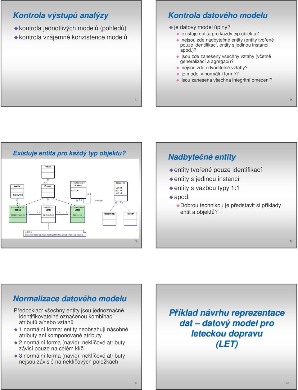 je model v normální form? jsou zanesena všechna integritní omezení? 67 68 Existuje entita pro každý typ objektu?