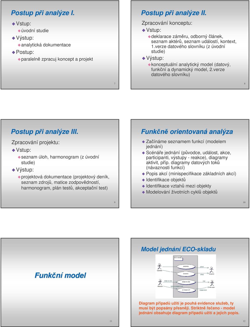 verze datového slovníku (z úvodní studie) Výstup: konceptuální analytický model (datový, funkní a dynamický model, 2.verze datového slovníku) 7 8 Postup pi analýze III.