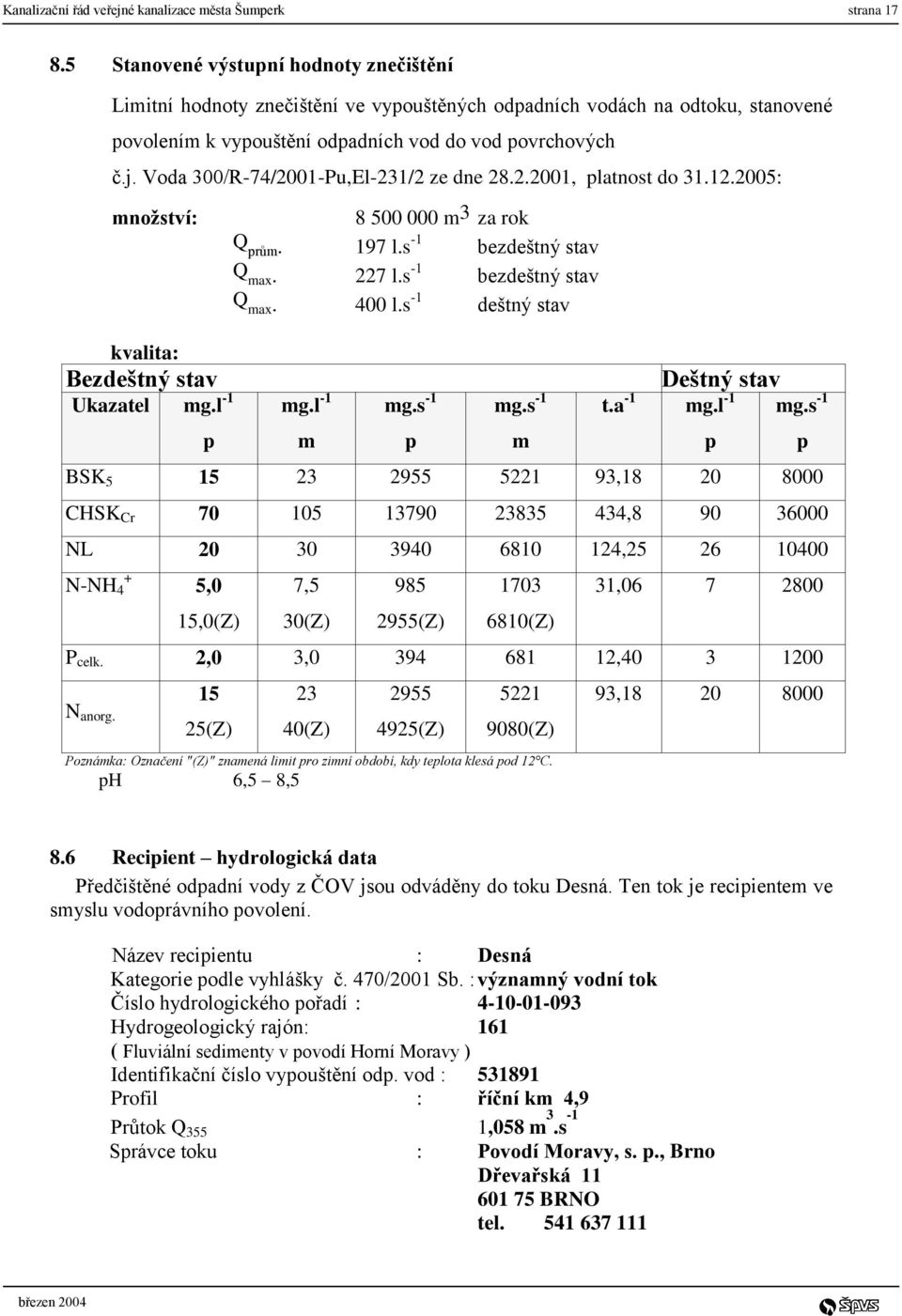 Voda 300/R-74/2001-Pu,El-231/2 ze dne 28.2.2001, platnost do 31.12.2005: množství: 8 500 000 m 3 za rok Q prům. 197 l.s -1 bezdeštný stav Q max. 227 l.s -1 bezdeštný stav Q max. 400 l.