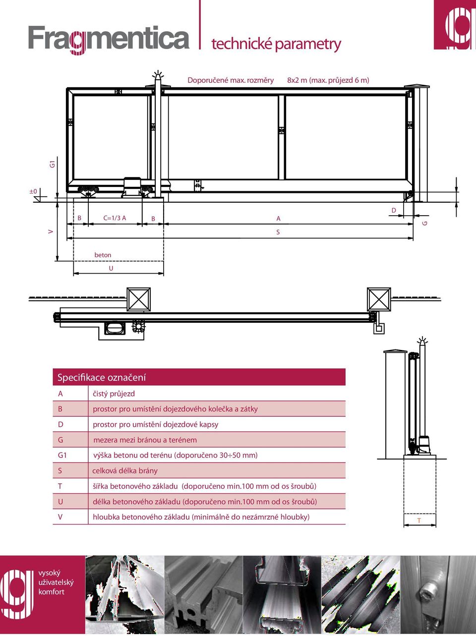 D prostor pro umístění dojezdové kapsy G mezera mezi bránou a terénem G1 výška betonu od terénu (doporučeno 30 50 mm) S celková délka