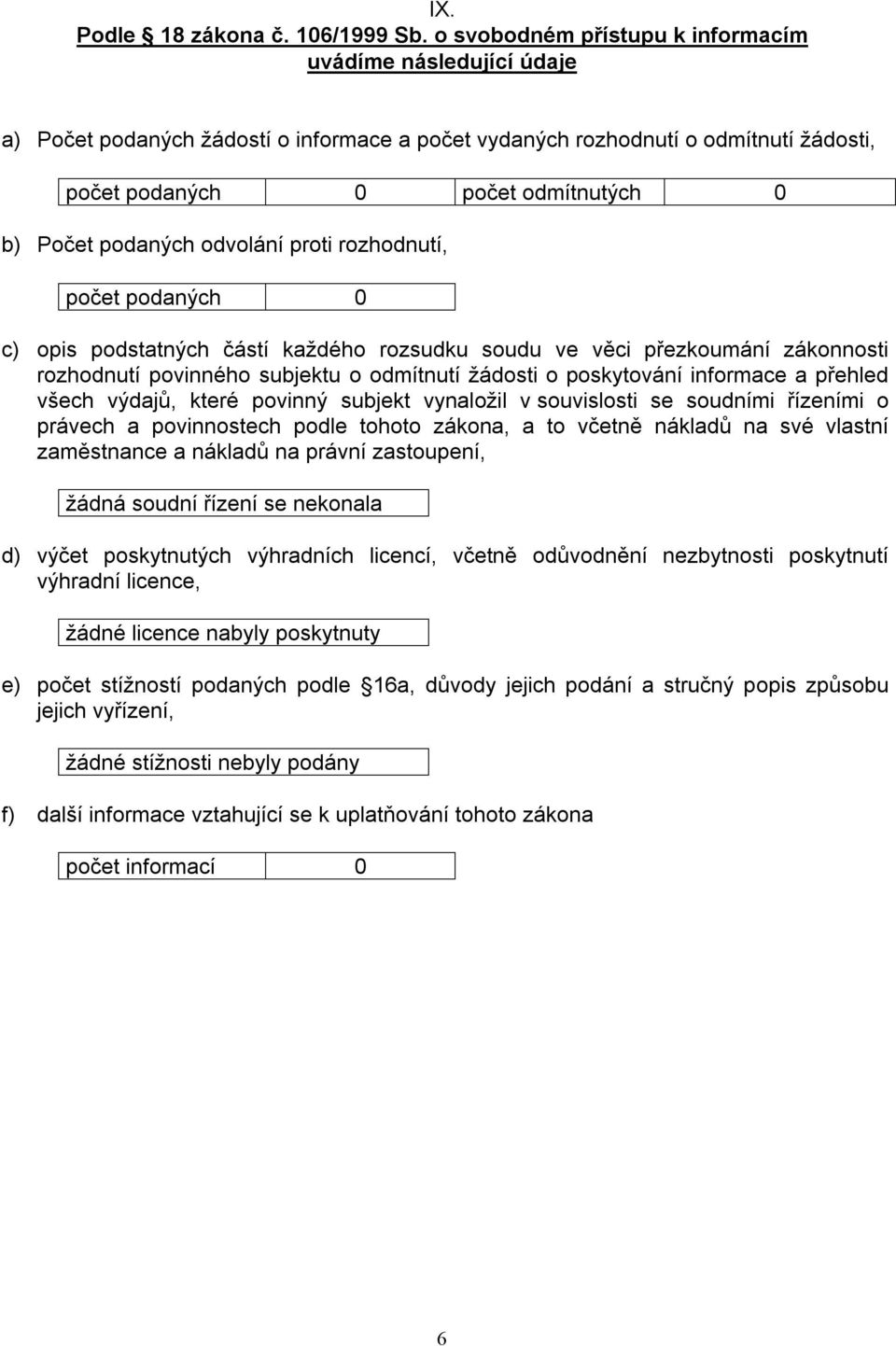 podaných odvolání proti rozhodnutí, počet podaných 0 c) opis podstatných částí každého rozsudku soudu ve věci přezkoumání zákonnosti rozhodnutí povinného subjektu o odmítnutí žádosti o poskytování