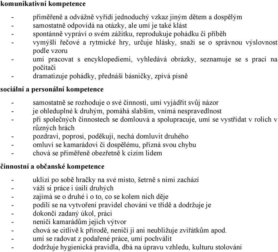 dramatizuje pohádky, přednáší básničky, zpívá písně sociální a personální kompetence - samostatně se rozhoduje o své činnosti, umí vyjádřit svůj názor - je ohleduplné k druhým, pomáhá slabším, vnímá