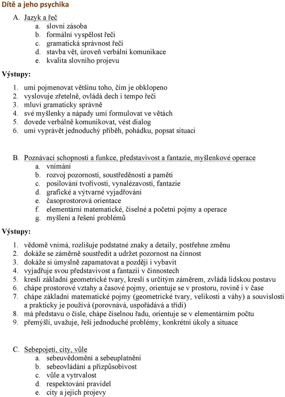 dovede verbálně komunikovat, vést dialog 6. umí vyprávět jednoduchý příběh, pohádku, popsat situaci B. Poznávací schopnosti a funkce, představivost a fantazie, myšlenkové operace a. vnímání b.