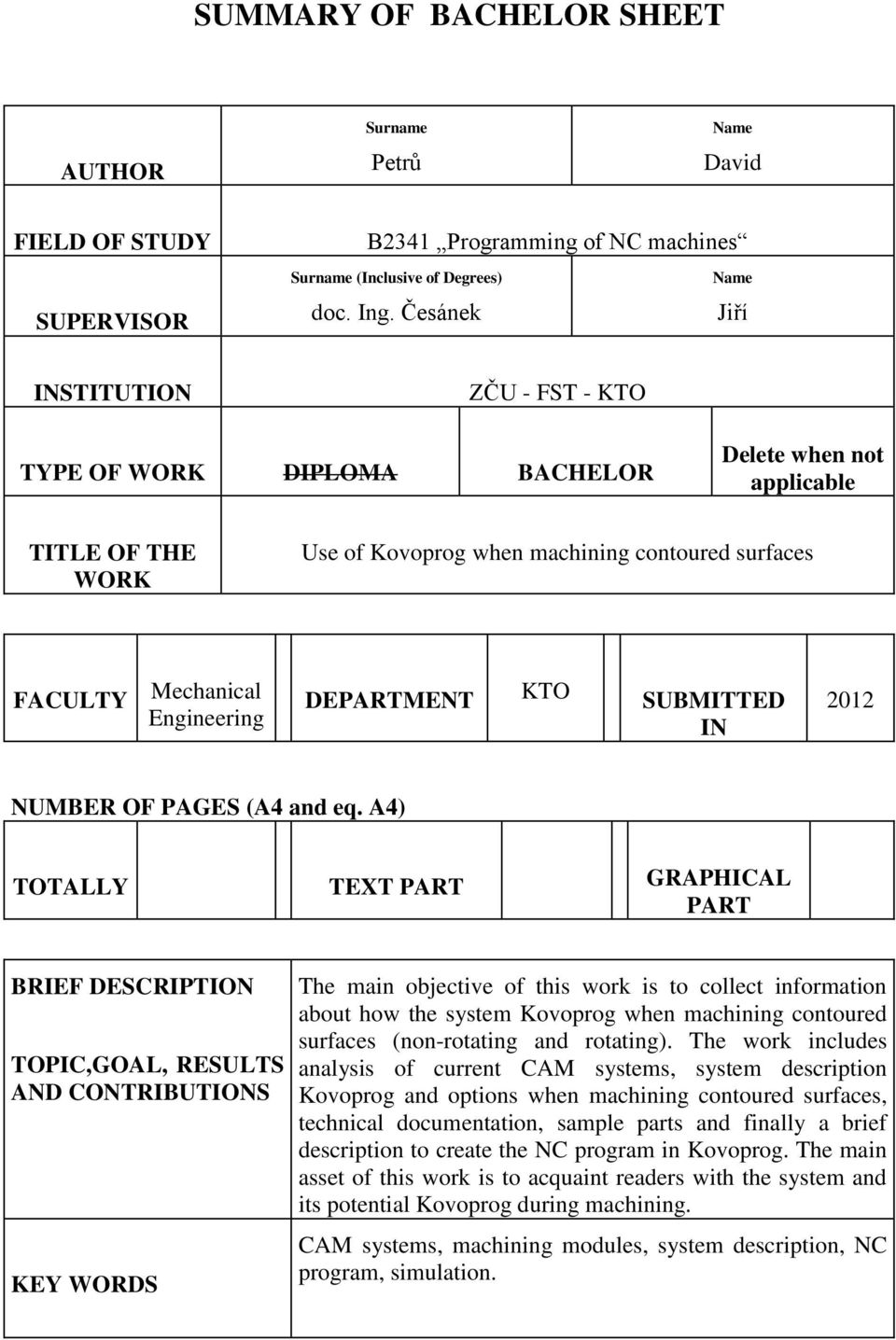 DEPARTMENT KTO SUBMITTED IN 2012 NUMBER OF PAGES (A4 and eq.