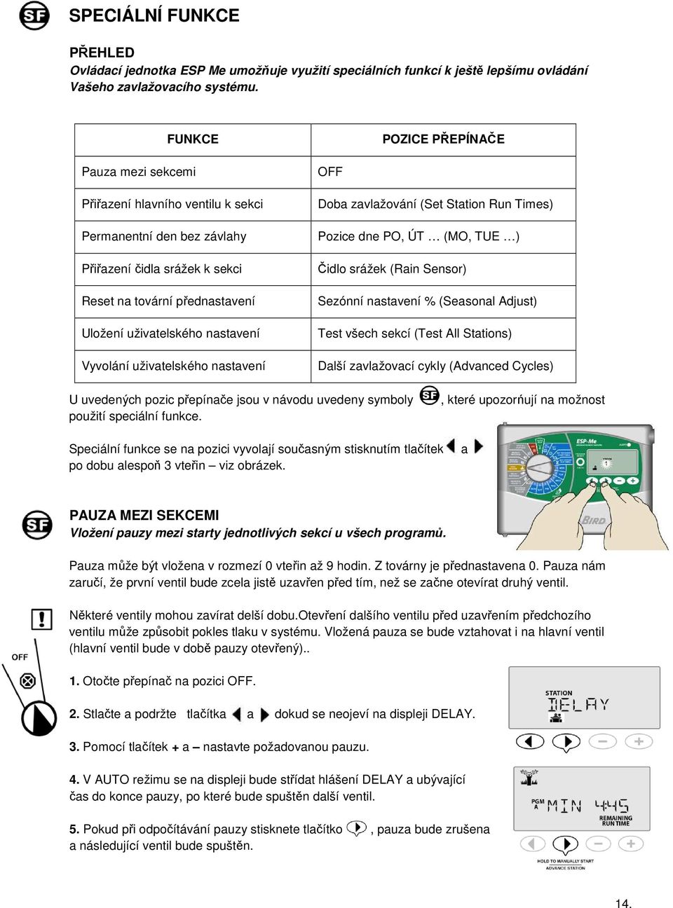 Vyvolání uživatelského nastavení OFF Doba zavlažování (Set Station Run Times) Pozice dne PO, ÚT (MO, TUE ) Čidlo srážek (Rain Sensor) Sezónní nastavení % (Seasonal Adjust) Test všech sekcí (Test All