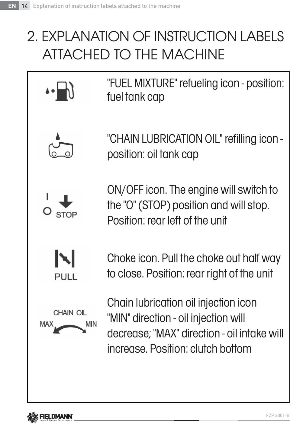 icon - position: oil tank cap ON/OFF icon. The engine will switch to the "O" (STOP) position and will stop.