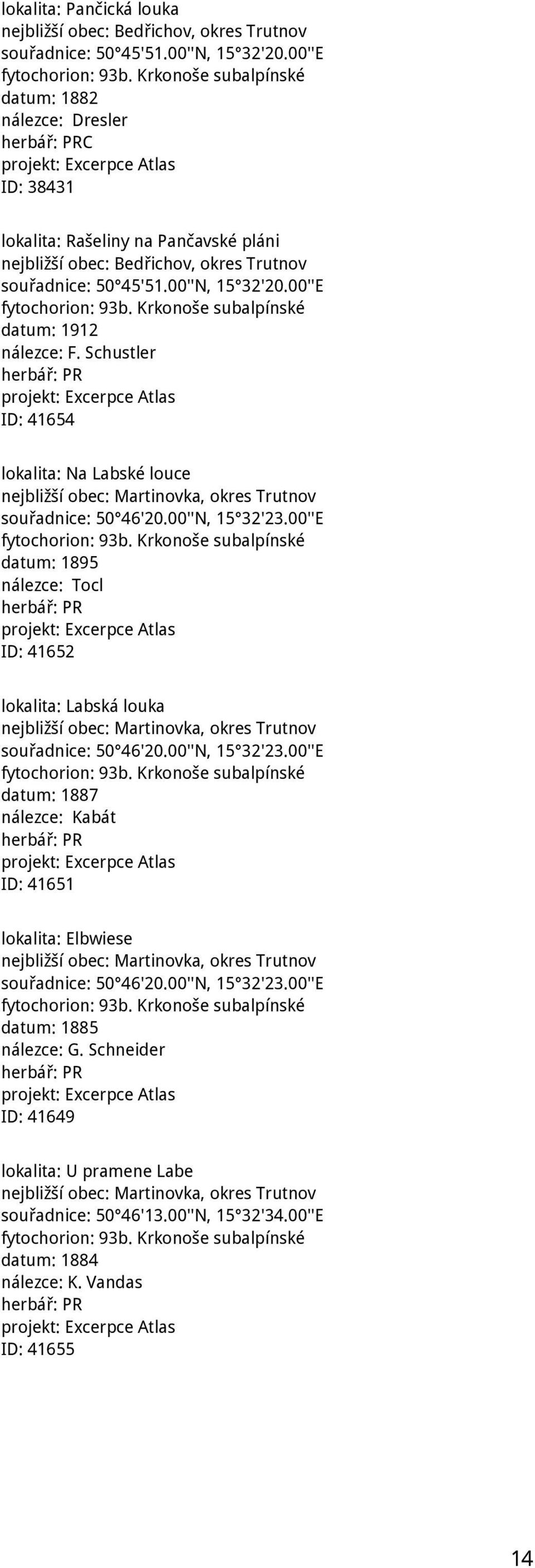 00''E fytochorion: 93b. Krkonoše subalpínské datum: 1912 nálezce: F. Schustler herbář: PR ID: 41654 lokalita: Na Labské louce nejbližší obec: Martinovka, okres Trutnov souřadnice: 50 46'20.