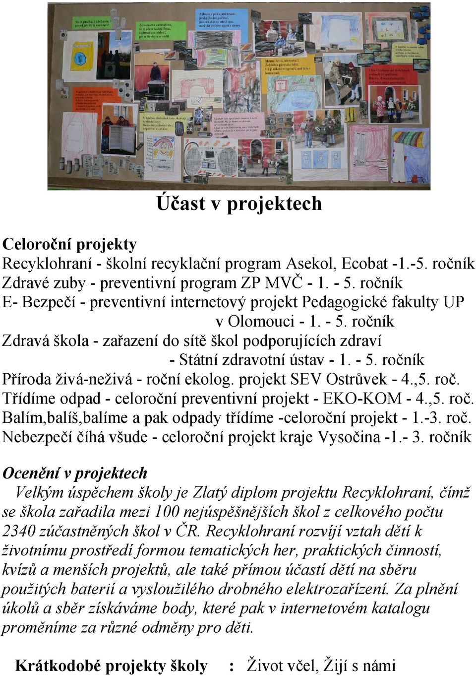 projekt SEV Ostrůvek - 4.,5. roč. Třídíme odpad - celoroční preventivní projekt - EKO-KOM - 4.,5. roč. Balím,balíš,balíme a pak odpady třídíme -celoroční projekt - 1.-3. roč. Nebezpečí číhá všude - celoroční projekt kraje Vysočina -1.