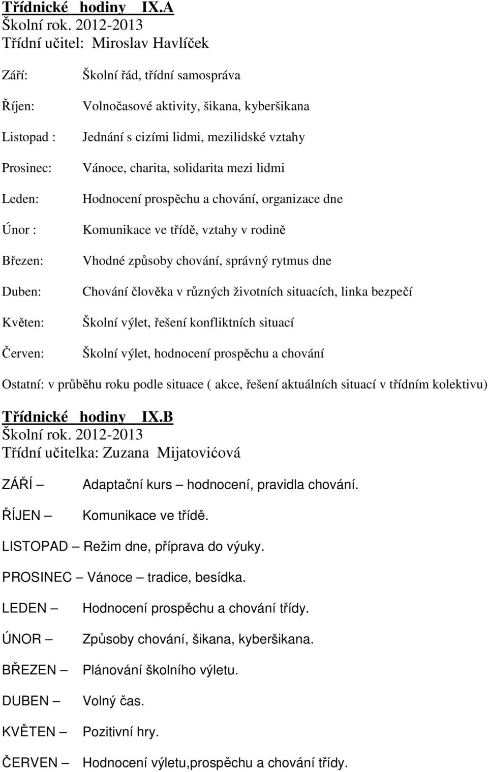 cizími lidmi, mezilidské vztahy Vánoce, charita, solidarita mezi lidmi Hodnocení prospěchu a chování, organizace dne Komunikace ve třídě, vztahy v rodině Vhodné způsoby chování, správný rytmus dne