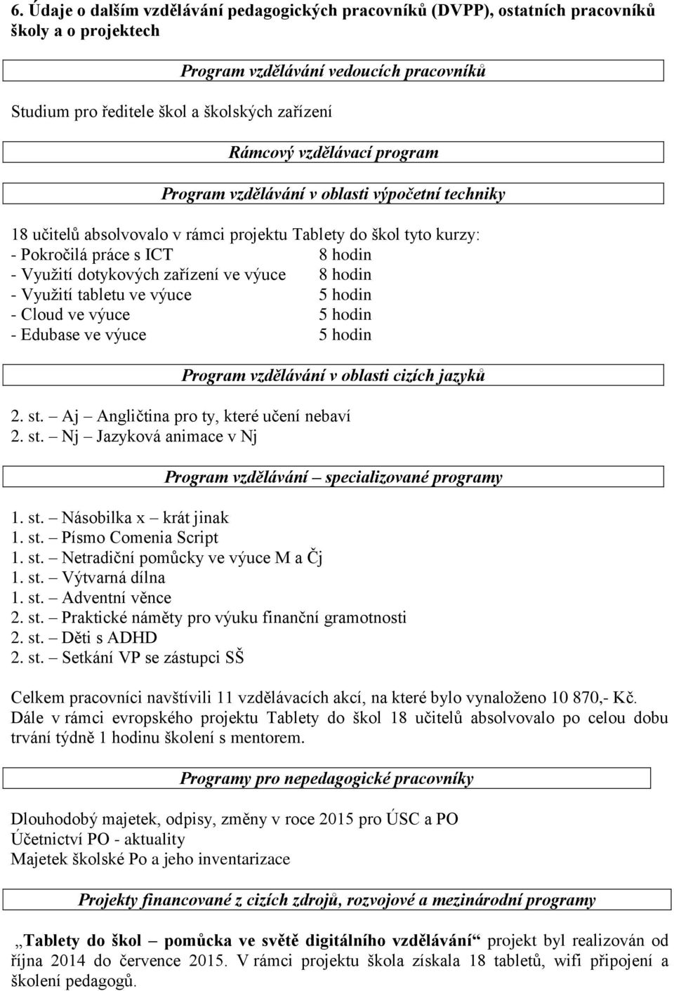 výuce 8 hodin - Využití tabletu ve výuce 5 hodin - Cloud ve výuce 5 hodin - Edubase ve výuce 5 hodin Program vzdělávání v oblasti cizích jazyků 2. st.