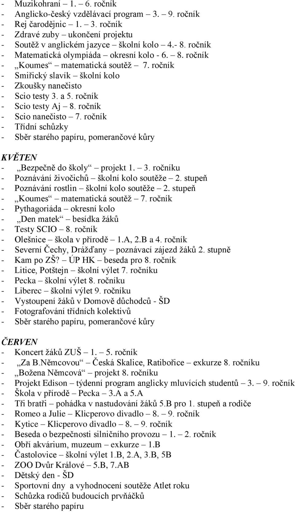 ročník - Scio nanečisto 7. ročník - Třídní schůzky - Sběr starého papíru, pomerančové kůry KVĚTEN - Bezpečně do školy projekt 1. 3. ročníku - Poznávání živočichů školní kolo soutěže 2.