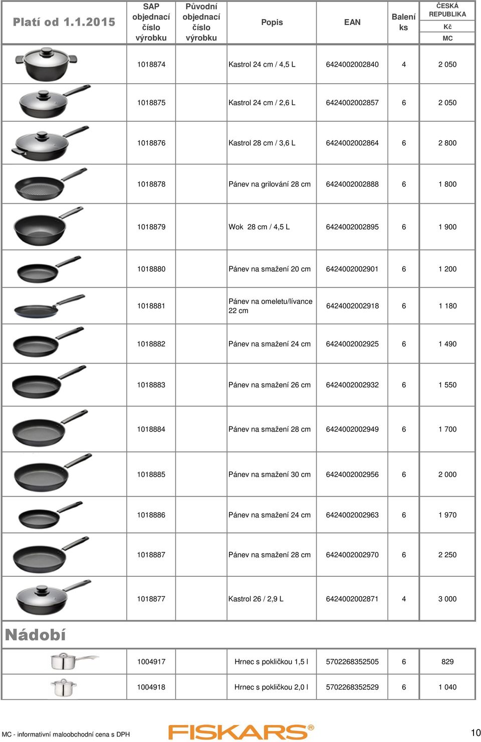 642400200292 6 1 490 1018883 Pánev na smažení 26 cm 6424002002932 6 1 0 1018884 Pánev na smažení 28 cm 6424002002949 6 1 700 101888 Pánev na smažení 30 cm 642400200296 6 2 000 1018886 Pánev na
