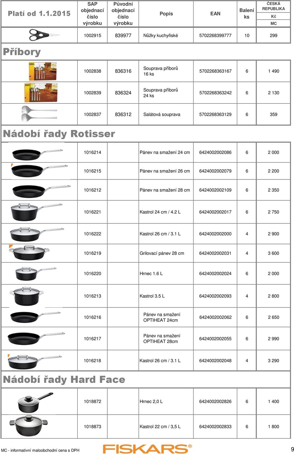 2 30 1016221 Kastrol 24 cm / 4.2 L 6424002002017 6 2 70 1016222 Kastrol 26 cm / 3.1 L 6424002002000 4 2 900 1016219 Grilovací pánev 28 cm 6424002002031 4 3 600 1016220 Hrnec 1.