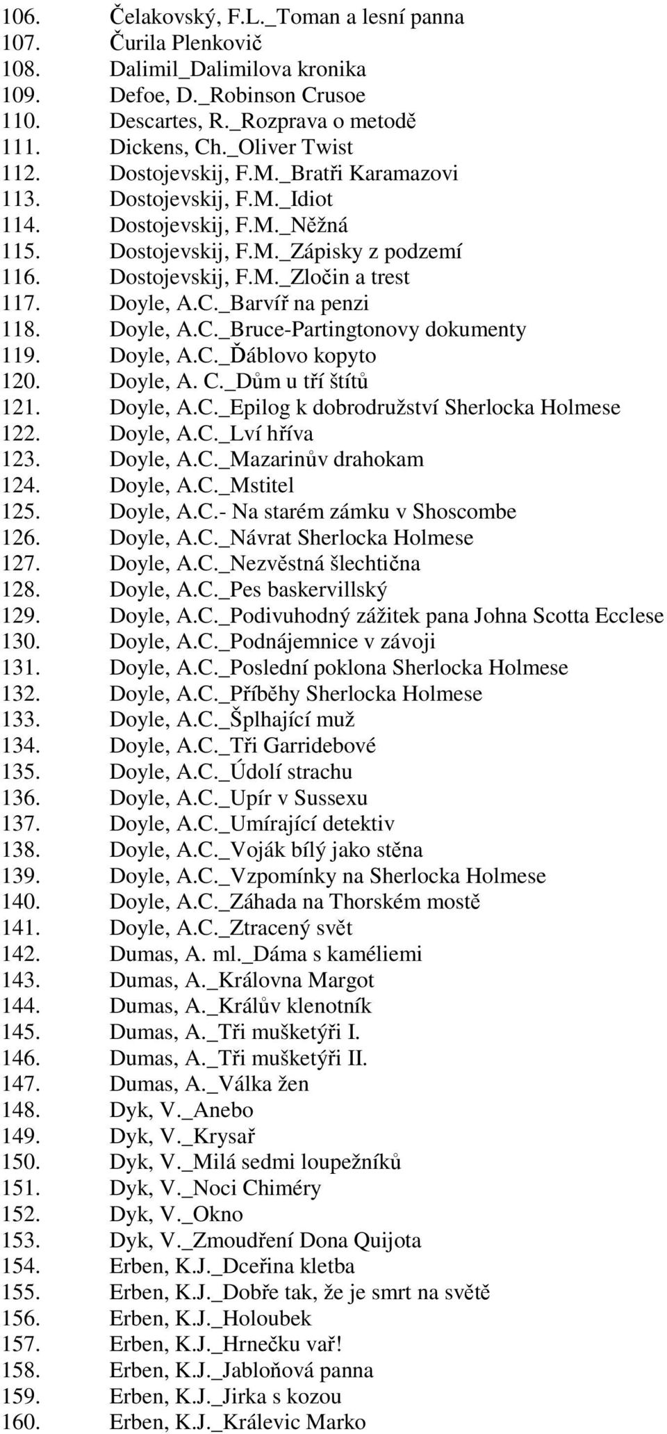 _Barvíř na penzi 118. Doyle, A.C._Bruce-Partingtonovy dokumenty 119. Doyle, A.C._Ďáblovo kopyto 120. Doyle, A. C._Dům u tří štítů 121. Doyle, A.C._Epilog k dobrodružství Sherlocka Holmese 122.