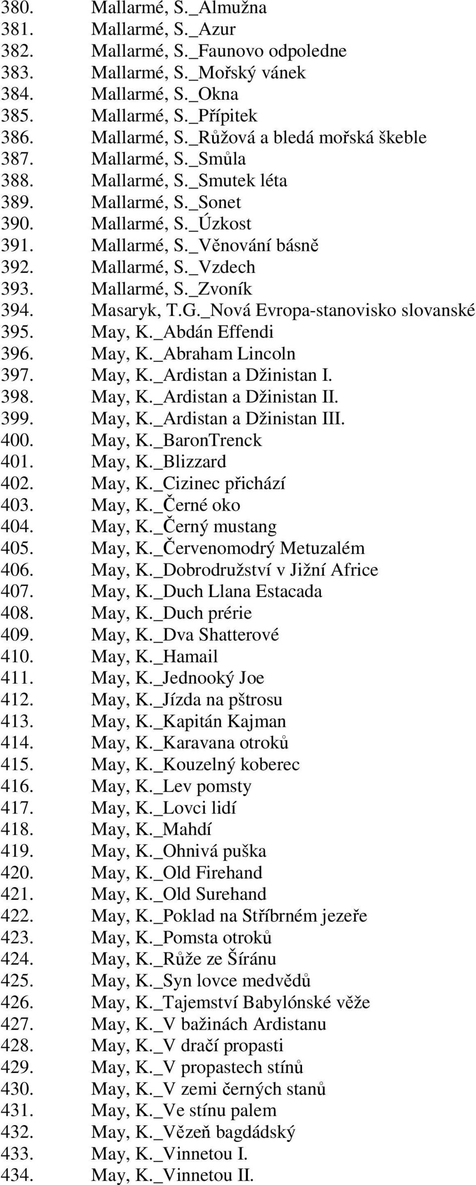 _Nová Evropa-stanovisko slovanské 395. May, K._Abdán Effendi 396. May, K._Abraham Lincoln 397. May, K._Ardistan a Džinistan I. 398. May, K._Ardistan a Džinistan II. 399. May, K._Ardistan a Džinistan III.