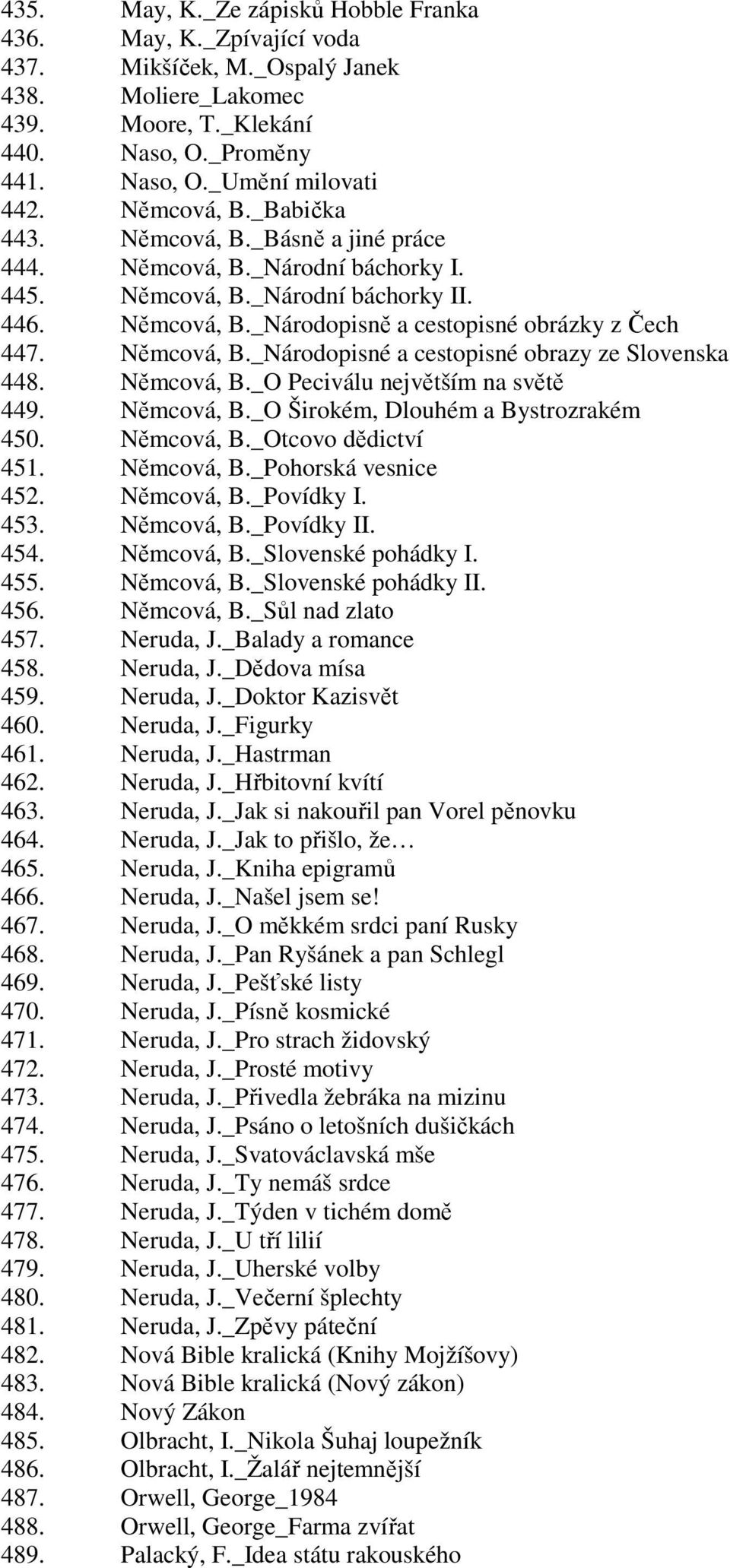 Němcová, B._Národopisné a cestopisné obrazy ze Slovenska 448. Němcová, B._O Peciválu největším na světě 449. Němcová, B._O Širokém, Dlouhém a Bystrozrakém 450. Němcová, B._Otcovo dědictví 451.